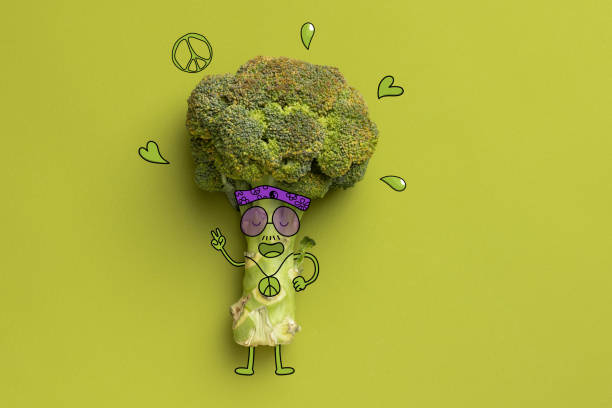 Contemporary art collage of funny hipster broccoli isolated over green background. Drawn doddles on background Healthy eating. Vegetables. Contemporary art collage. Funny hipster broccoli isolated over green background. Concept of funny meme emotions, humor, health, food. Copy space for ad meme photos stock pictures, royalty-free photos & images