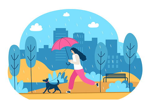 Outdoor season background. Active people walking ini raincoat with umbrella fall rain in city recent vector illustration in flat style. Illustration of weather outdoor, walking rainy