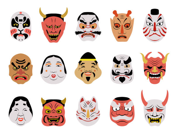 ilustraciones, imágenes clip art, dibujos animados e iconos de stock de máscara asiática. cara de salón de tatuajes japonés auténticos retratos de mujer colores arte corporal máscaras teatrales lobo y zorro recientes imágenes vectoriales set - kabuki