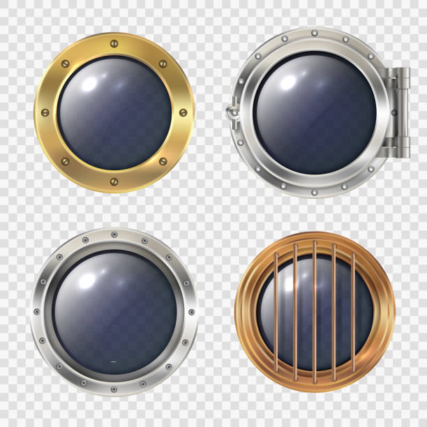 Round ship window. Metallic spaceship or submarinas illuminator transparent hole futuristic rocket industry safe doors decent vector realistic templates Round ship window. Metallic spaceship or submarinas illuminator transparent hole futuristic rocket industry safe doors vector realistic templates. Illustration of porthole metal, steel boat glass rocketship borders stock illustrations