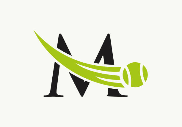 tennis logo design vorlage auf buchstabe m. tennis sport academy, vereinslogo mit m buchstaben - tennis tennis ball serving racket stock-grafiken, -clipart, -cartoons und -symbole