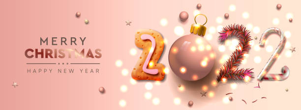 istock Set of Christmas and Happy New Year 2022 horizontal banners pink gold background. Vector illustration 1343774504