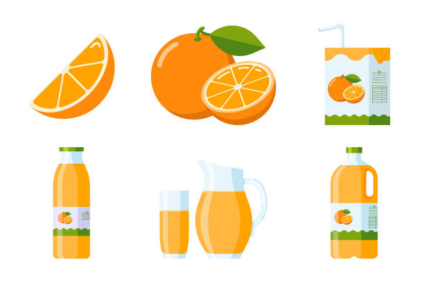 Orange Fruit and Juice Elements Collection Orange Fruit and Juice Elements Collection. Flat Style citrus items set: orange slice and whole fruit, orange juice packages (carton, glass, jug, Plastic and glass bottle). Premium vector juice stock illustrations