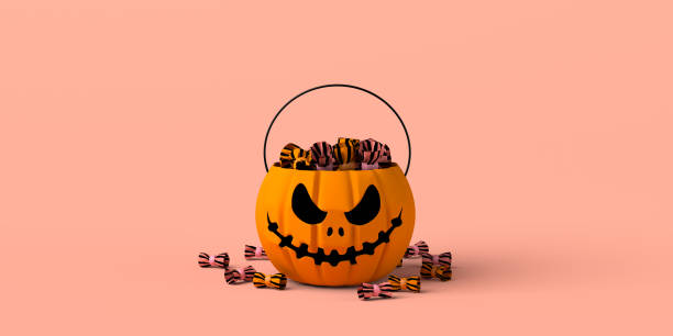 istock Halloween pumpkin basket with candy. Copy space. 3D illustration. 1343776110