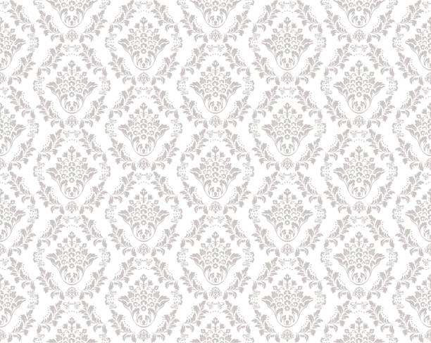 beżowy i biały wiktoriański damask luksusowy wzór tkaniny dekoracyjnej - floral pattern pattern silk wallpaper stock illustrations