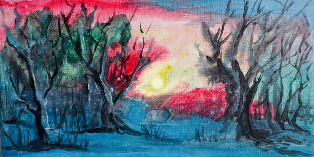 istock Sunset in the forest acrylic painting autumn landscape 1343778217