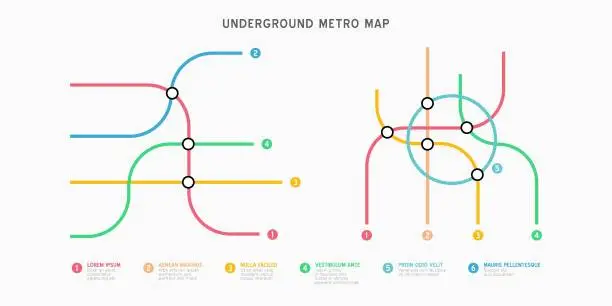 Vector illustration of City Subway transportation scheme. Underground connection top view.