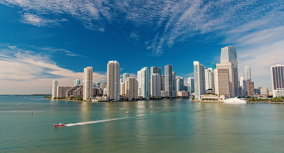 Miami skyline skyscrapers ,yacht or boat next to Miami downtown, Aerial view, south beach. Miami