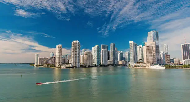 Miami skyline skyscrapers ,yacht or boat next to Miami downtown, Aerial view, south beach. Miami