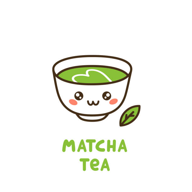 süße tasse tee matcha. matcha - japanischer pulverförmiger grüner tee. es kann für karten, poster, broschüren und andere werbematerialien verwendet werden. - tea cup tea green tea chinese tea stock-grafiken, -clipart, -cartoons und -symbole