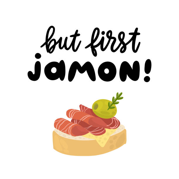 Lettering phrase: But first Jamon. Jamon - traditional Spanish delicacy, dry pork ham.  Excellent design for menu, poster, sign, banner and other promotional marketing materials. Lettering phrase: But first Jamon. Jamon - traditional Spanish delicacy, dry pork ham.  Excellent design for menu, poster, sign, banner and other promotional marketing materials. serrano chili pepper stock illustrations