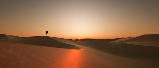 infinite landscape of dunes at sunset with a silhouette of a person in the background. 3d rendering