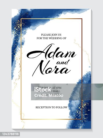 istock Blue watercolor background, hand drawn gold texture. wedding invitation , bride to be card, marriage card Vector 1343788118