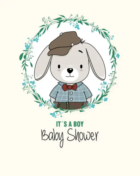 Vector illustration of Baby shower card. Cute rabbit inside flower frame.