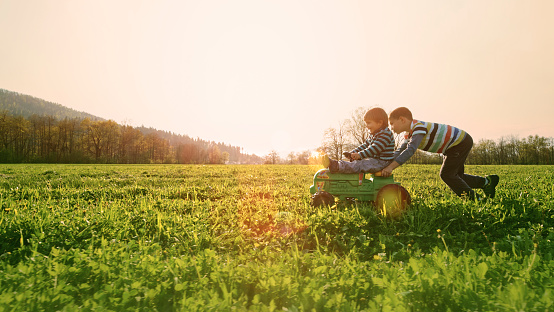 Side view of boy pushing another boy on a toy tractor in a sunny meadow.