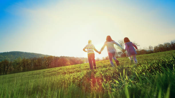 istock Children holding hands while running in a meadow 1343791205