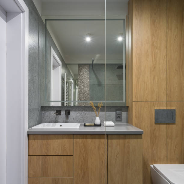 istock Stylish bathroom with big mirror 1343791825