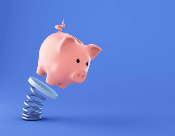 Piggy bank jumping on springboard Success in business concept. 3d illusrtaion. coiled spring stock pictures, royalty-free photos & images