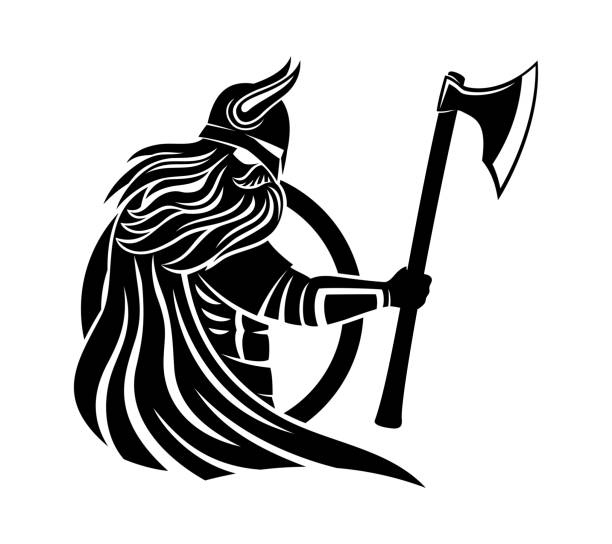 illustrazioni stock, clip art, cartoni animati e icone di tendenza di vichingo con un'ascia e uno scudo. - viking