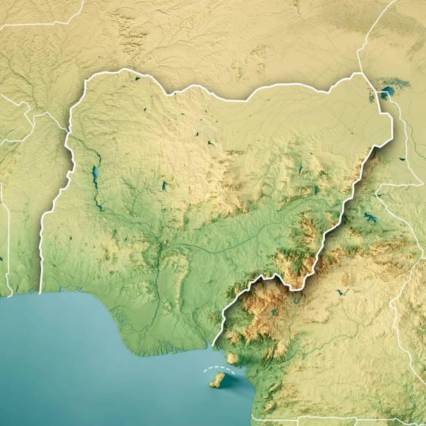 나이지리아 3d 렌더링 지형지도 색상 테두리 - niger river 뉴스 사진 이미지