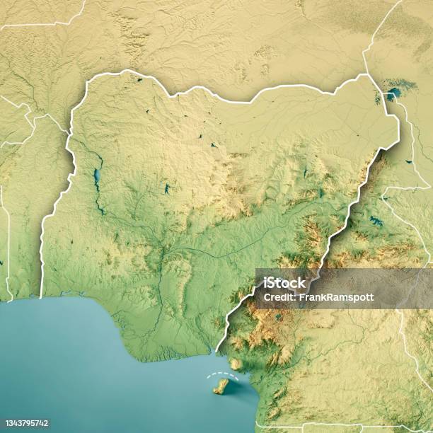 Nigeria 3d Render Topographic Map Color Border Stock Photo - Download Image Now - Map, Nigeria, Aerial View