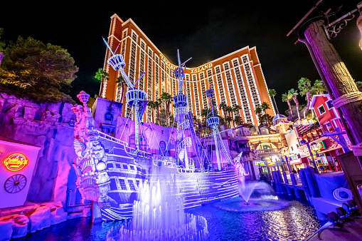Las Vegas. USA. 09.25.2023. Breathtaking view of Bellagio casino hotel with artificial water feature for fountain show.
