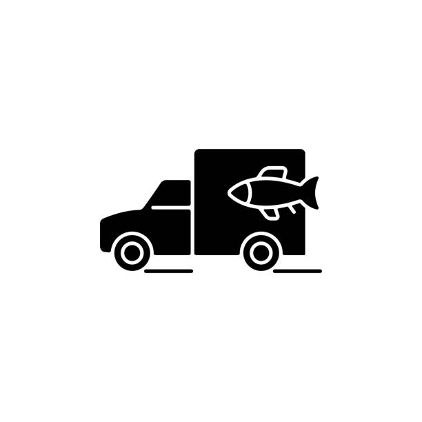 黒いグリフアイコンを運ぶ魚 - truck transportation fish industry点のイラスト素材／クリップアート素材／マンガ素材／アイコン素材