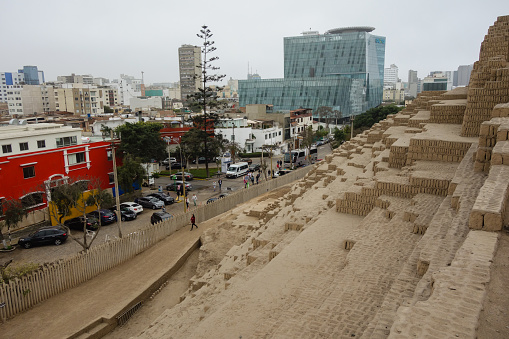 Aerial drone view of the empty  San Martin square in  Lima city at lockdown on coronavirus pandemic in 2020, in Peru.