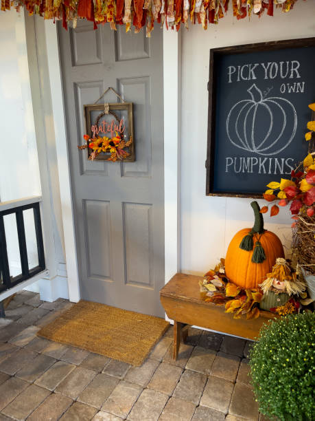 istock Front porch decorated for autumn. 1343800556