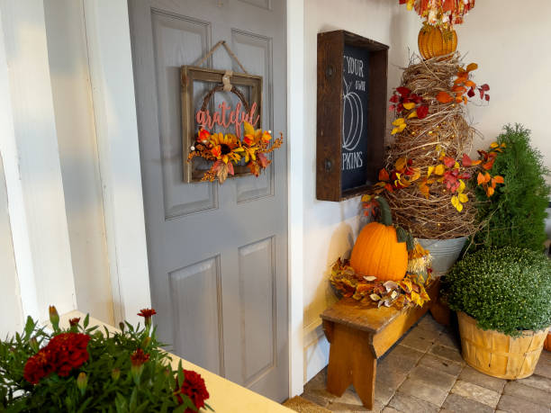 istock Front porch decorated for autumn. 1343800562