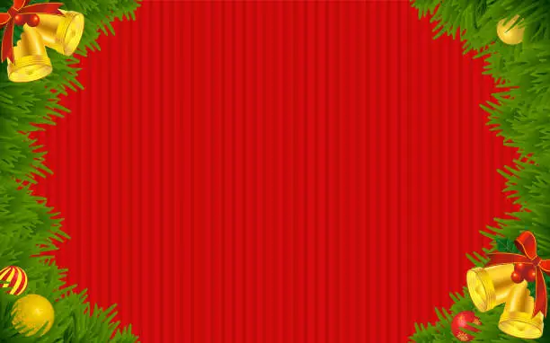 Vector illustration of Frame of fir tree leaves with Christmas bells (red background)