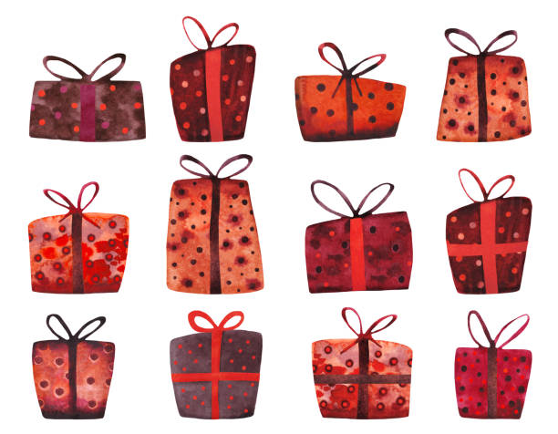 ilustrações de stock, clip art, desenhos animados e ícones de set of hand painted watercolor surprise boxes. hand-drawn different colored boxes with polka dot print and ribbons. - gift box packaging drawing illustration and painting