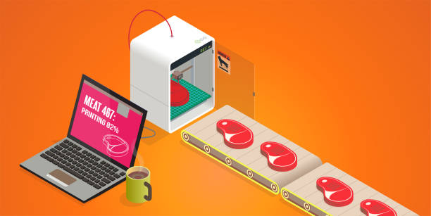 artificial food cultured artificial meat - lab grown vitro cell culture beef meat production concept 3d printing lab stock illustrations