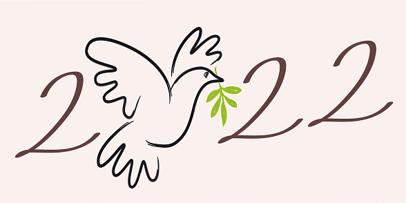 Illustration in the line of a dove with an olive branch, to wish a year 2022 under the utopian sign of peace in the world.