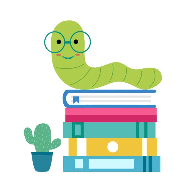 Vector illustration of Bookworm character cartoon on stack of books in flat design on white background. I love reading.