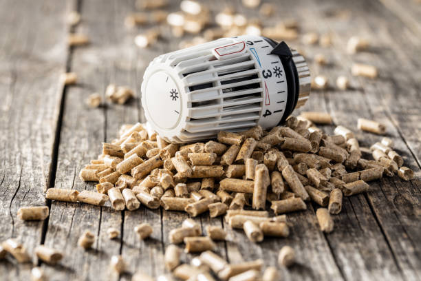 pellets de madera y cabeza termostática. - gránulo fotografías e imágenes de stock