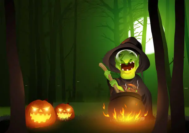 Vector illustration of Cartoon illustration of a witch stirring potion in the cauldron in the dark scary woods