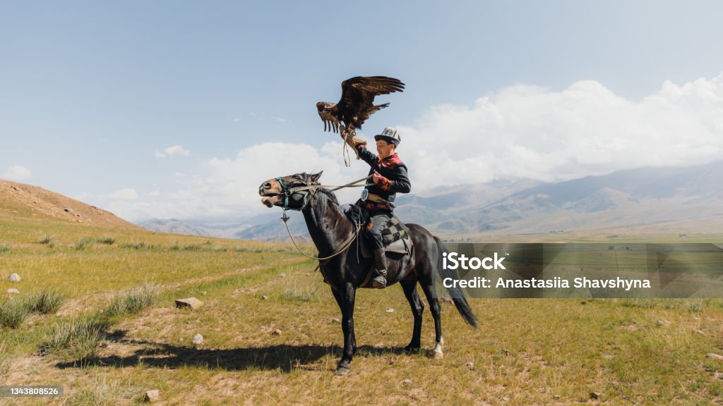 Eagle Hunter in traditional costume riding horse with Golden Eagle in the mountains of Central Asia Portrait of a man hunter and his Eagle doing an old tradition of eagle hunting, horseback riding in the wilderness area of Tian Shan mountains, Kyrgyzstan Kyrgyzstan Stock Photo