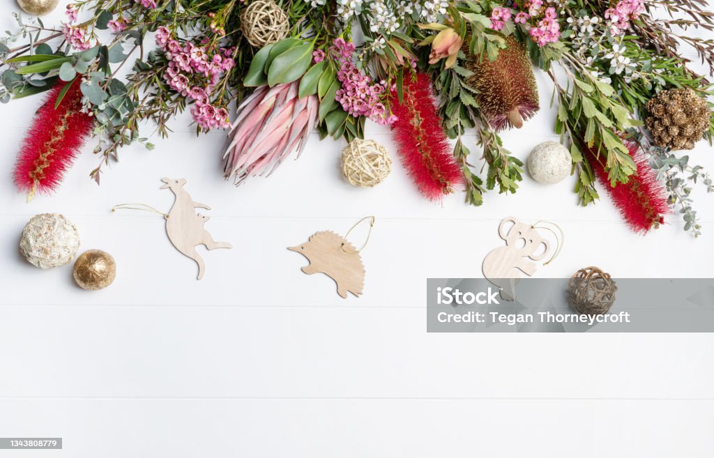 Christmas Background of Australian native flowers and animal decorations. Christmas Background decorated with Australian native wooden animals and flowers - Eucalyptus leaves, Proteaceae, Banksia, Callistemon, Tea Tree and Wax-flowers, on a rustic white background. Christmas Stock Photo