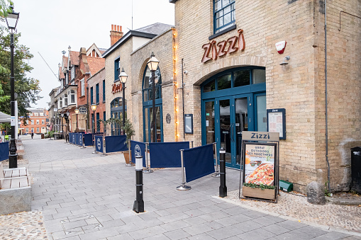 Norwich, Norfolk, UK -  September 11 2021. The exterior of Zizzi restaurant, a popular Italian restaurant chain in the Tombland area of the city