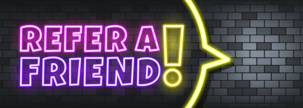 ilustrações de stock, clip art, desenhos animados e ícones de refer a friend neon text on the stone background. refer a friend. for business, marketing and advertising. vector on isolated background. eps 10 - classified ad internet advertisement marketing