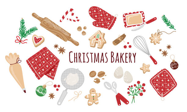 Set of Christmas Baking elements,home baking in winter.Gingerbread cookies, ingredient cooking,decoration. Set of Christmas Baking elements isolated on white background.Preparing for the winter holidays, home baking in winter.Vector flat illustration.Gingerbread cookies, ingredient cooking,decoration. christmas cookies stock illustrations