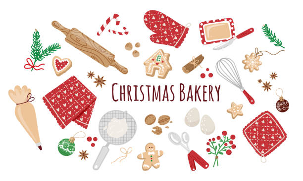 Set of Christmas Baking elements,home baking in winter.Gingerbread cookies, ingredient cooking,decoration. Set of Christmas Baking elements isolated on white background.Preparing for the winter holidays, home baking in winter.Vector flat illustration.Gingerbread cookies, ingredient cooking,decoration. holiday cookies stock illustrations