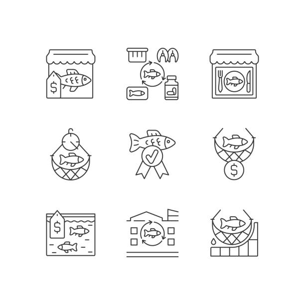 Commercial fishery linear icons set Commercial fishery linear icons set. Seafood restaurant and market. Processing factory. Fish industry. Customizable thin line contour symbols. Isolated vector outline illustrations. Editable stroke fish farm icon stock illustrations