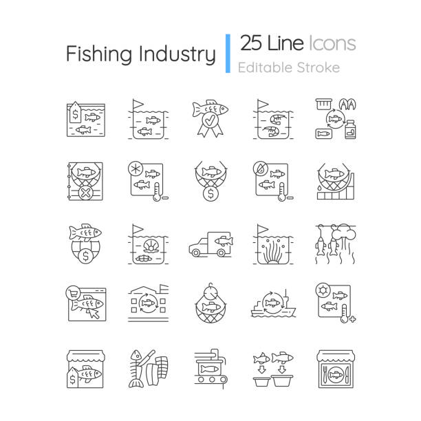 illustrazioni stock, clip art, cartoni animati e icone di tendenza di set di icone lineari per l'industria della pesca - industrial fishing