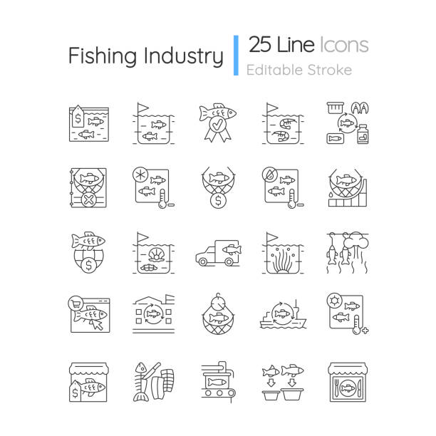 Fishing industry linear icons set Fishing industry linear icons set. Catching and preparing seafood. Processing and farming. Canning plant. Customizable thin line contour symbols. Isolated vector outline illustrations. Editable stroke fish farm stock illustrations