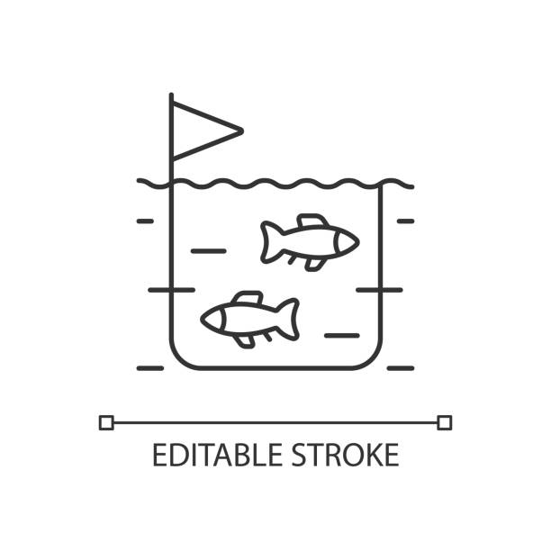 Fish farming linear icon Fish farming linear icon. Pisciculture production industry. Fish breeding for trade. Seafood. Thin line customizable illustration. Contour symbol. Vector isolated outline drawing. Editable stroke fish farm icon stock illustrations