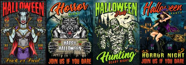 할로윈 밤 빈티지 다채로운 포스터 - halloween horror vampire witch stock illustrations