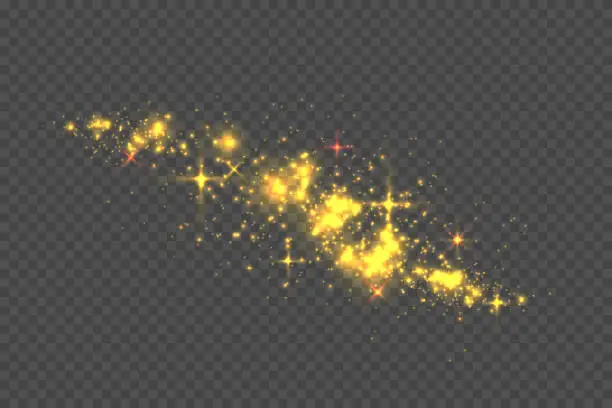 Vector illustration of Cosmic glittering wave. Gold glittering stars dust trail sparkling particles on transparent background.