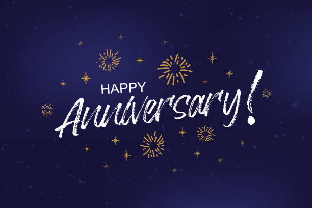 istock Happy Anniversary card, banner. Anniversary greeting scratched calligraphy text, words, gold stars. Hand drawn invitation T-shirt print design. Handwritten white modern brush lettering, background isolated vector 1343820552